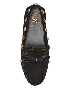 New in Box VINCE CAMUTO Sennett gold Studded Moccasins Black Suede 9.5 $139